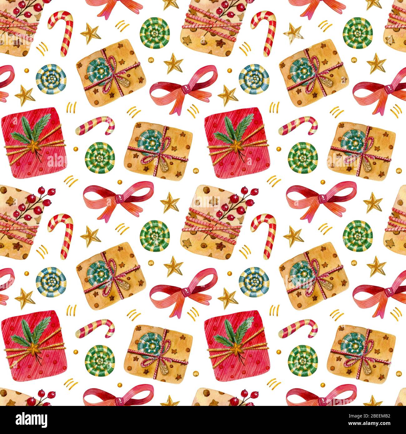 Watercolor seamless pattern with gifts, stars, candies, and gold ...