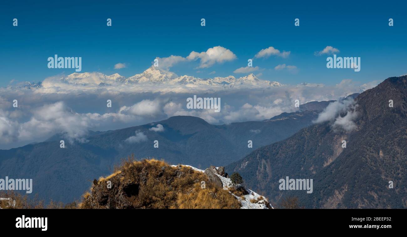 Kanchenjunga mountain range from Lungthung view point, Zuluk, Copy Space Stock Photo