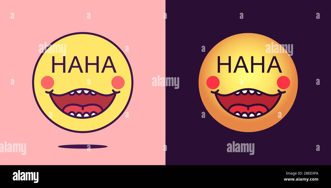 Emoji face icon with phrase HaHa. Laughing emoticon with text HaHa. Set of cartoon faces, emotion icon for social media communication, comic sticker a Stock Vector
