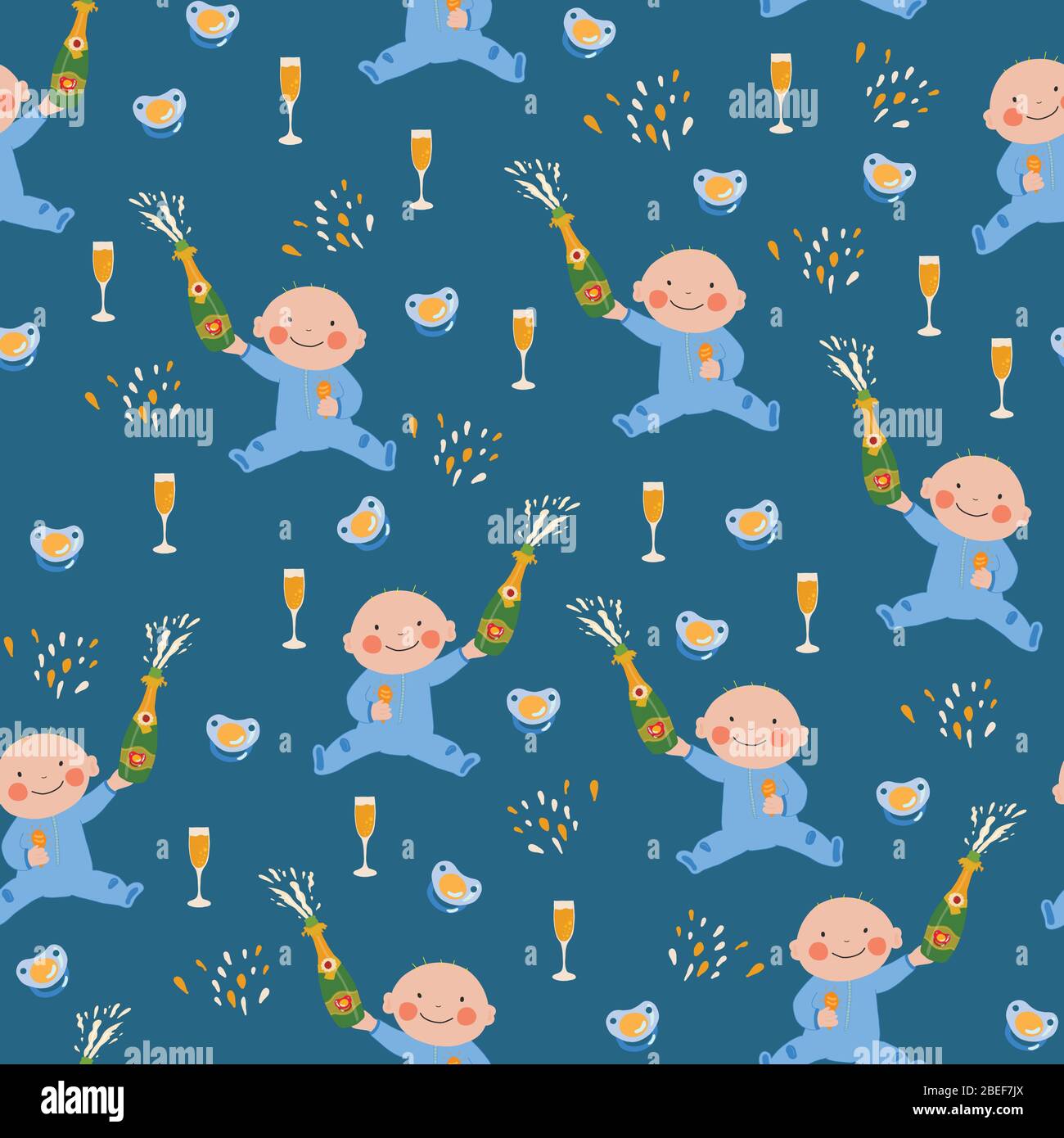 Baby Shower Boy Seamless Vector Pattern Baby Boy Holding A Bottle Of Champagne Wine Flutes And Pacifiers Repeating Blue Background Stock Vector Image Art Alamy