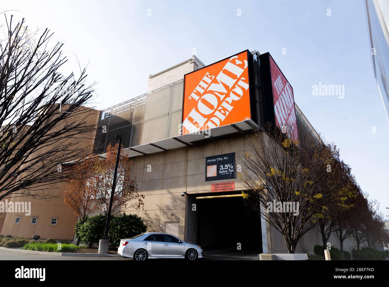 Jersey City, NJ - April 13 2020: Home Depot an essential business during the Coronavirus outbreak is open. 3.5% Urban economic zone sales tax  Stock Photo