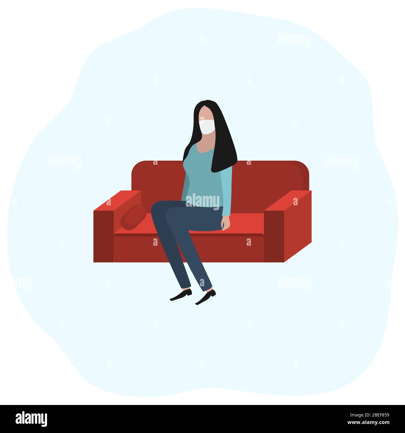 Woman sitting at home on a sofa in a medical mask. Fashion trendy illustration, flat design. Pandemic and epidemic of coronavirus in the world Stock Vector