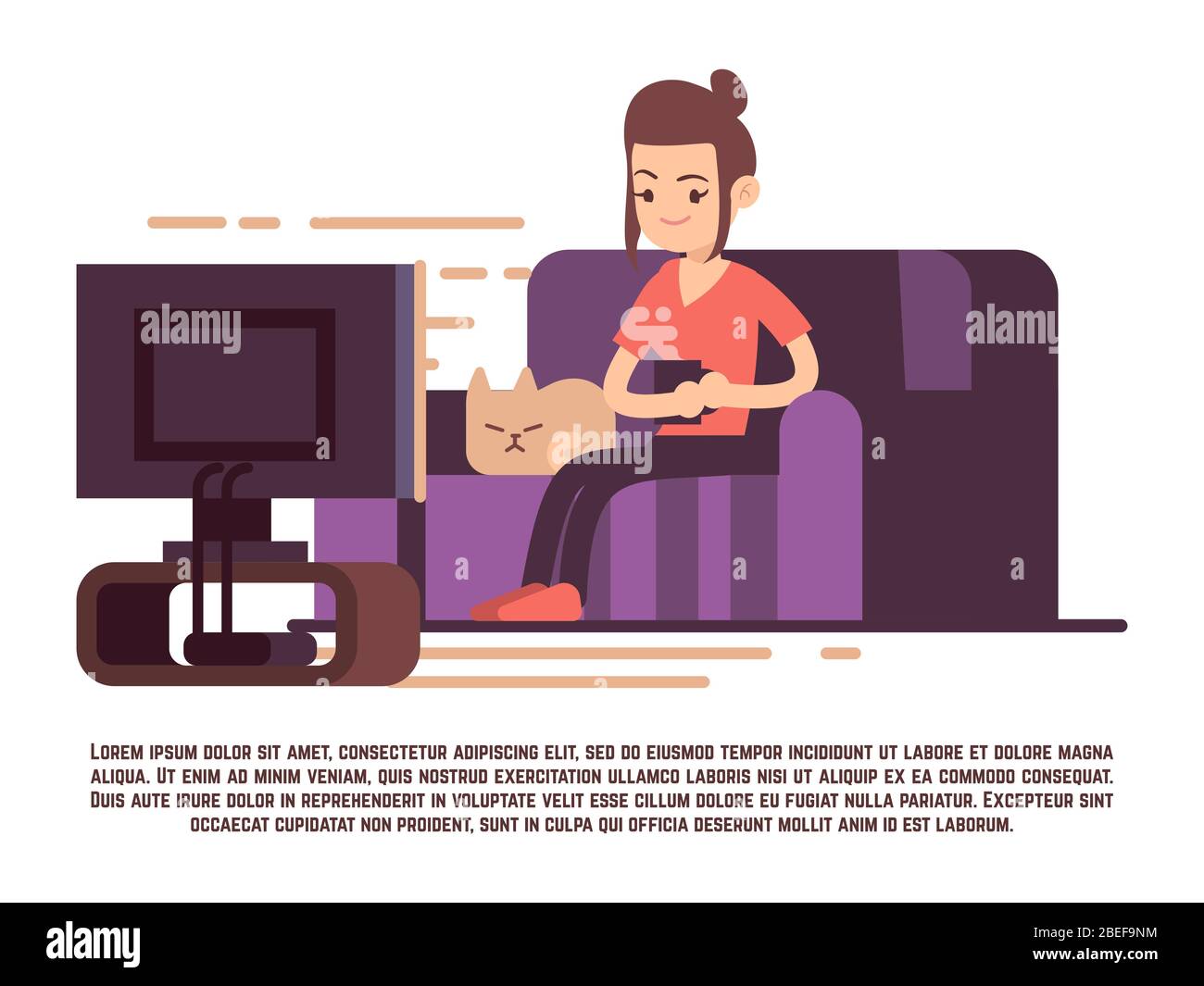 Single girl with cat and cup of tea watch TV - relaxing girl concept. Vector illustration Stock Vector
