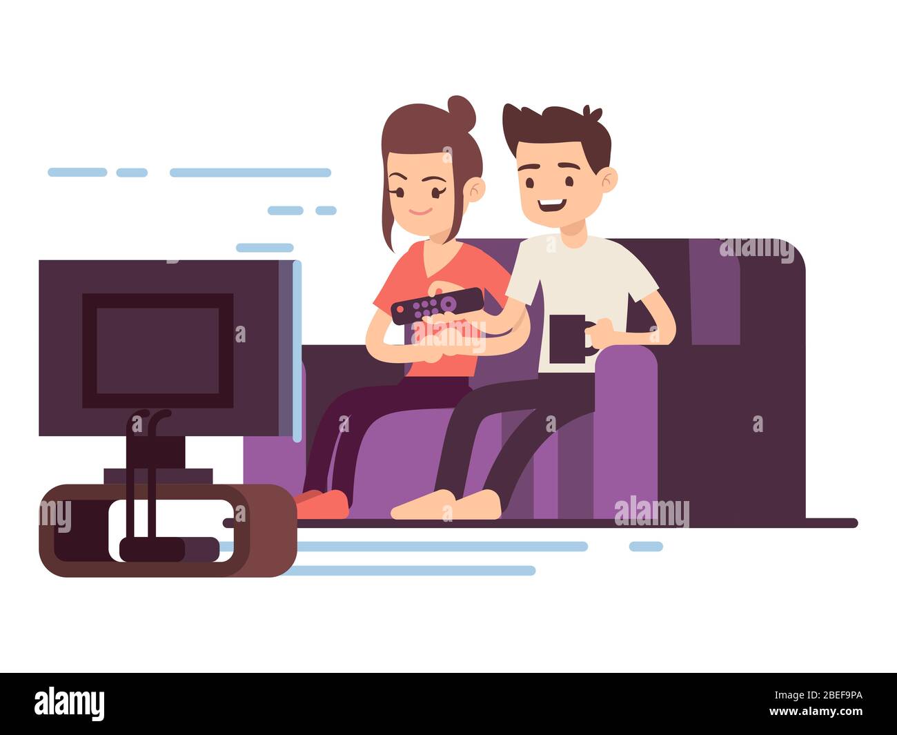 Happy young couple watch TV isolated on white background. Vector illustration Stock Vector