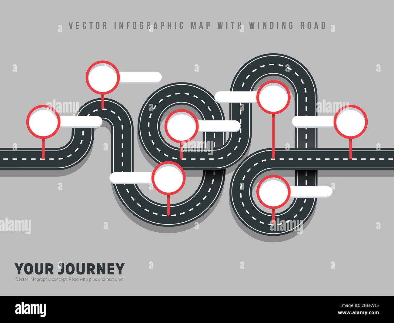 Navigation winding road vector way map infographic on grey background. Road street winding infographic, vector illustration Stock Vector
