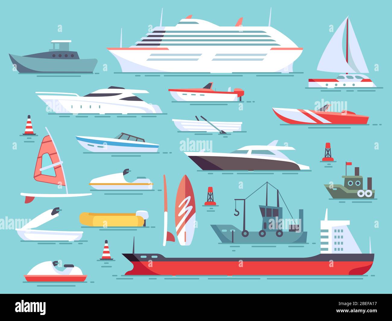 Big set of sea boats and little fishing ships. Sailboats flat vector icons. Illustration of water transport yacht and ship sailboat Stock Vector