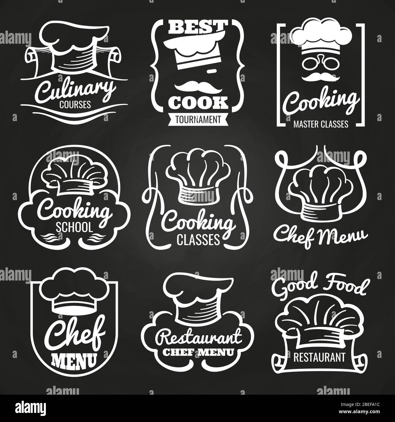 Chef hat emblem cafe, restaurant or bakery logos on chalkboard. Chef