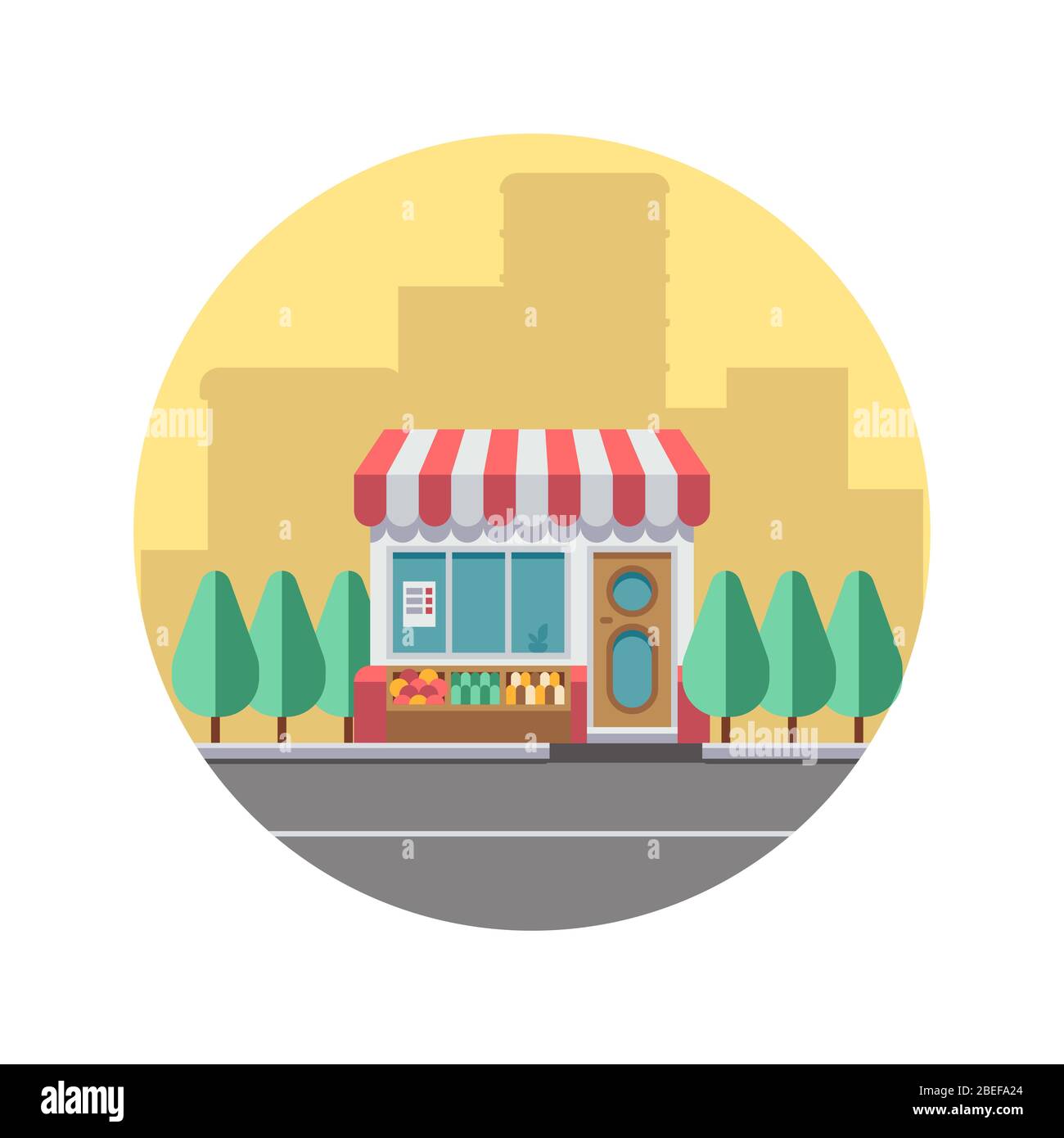 City landscape concept with downtown silhouette and cute road food store. Vector illustration Stock Vector