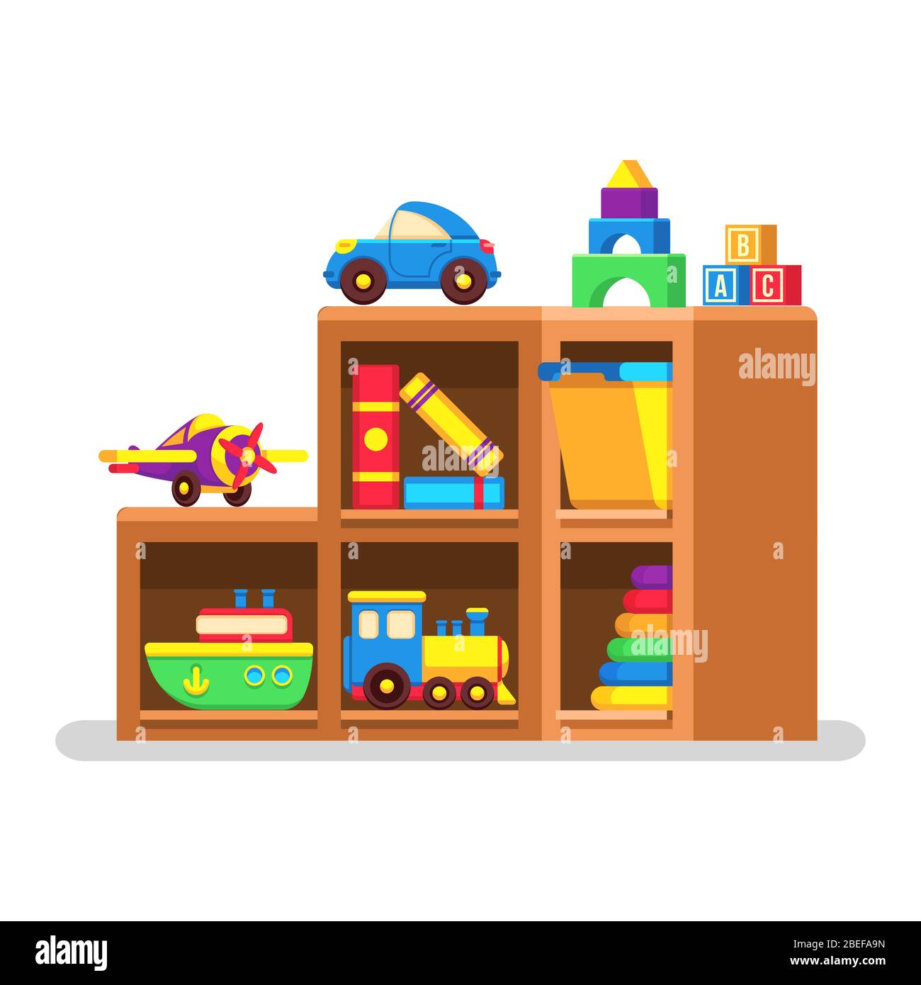 Kids toys on wood rack for interior room, vector illustration Stock Vector