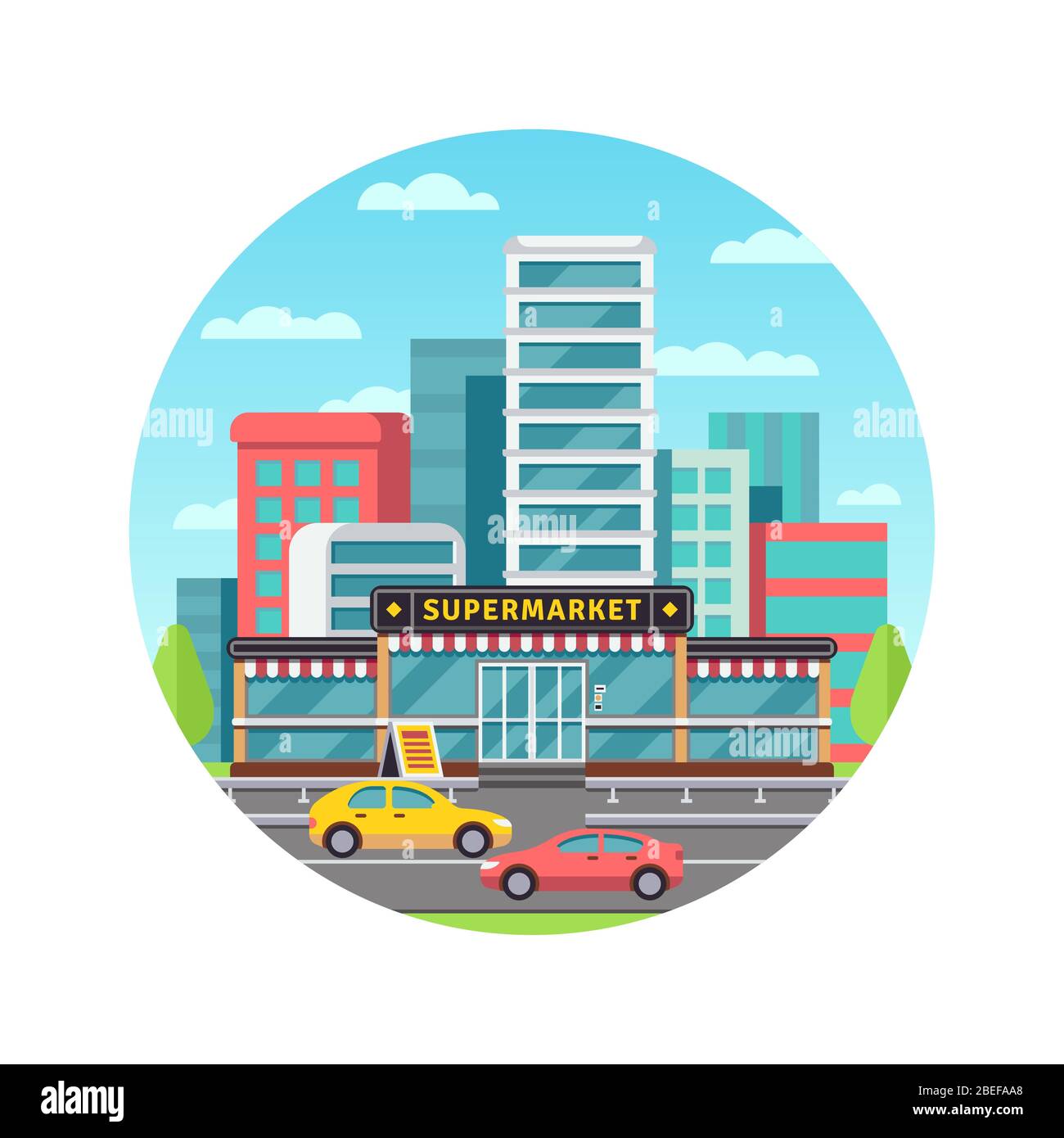 Grocery store in modern cityscape with mall round concept. Vector illustration Stock Vector