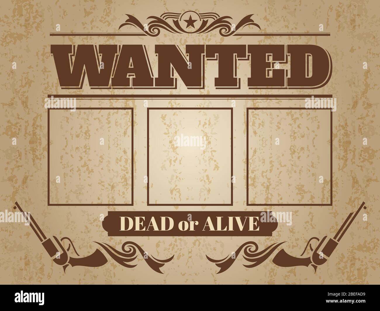 Vintage wanted western poster with blank space for criminal photos - wanted template design. Vector illustration Stock Vector