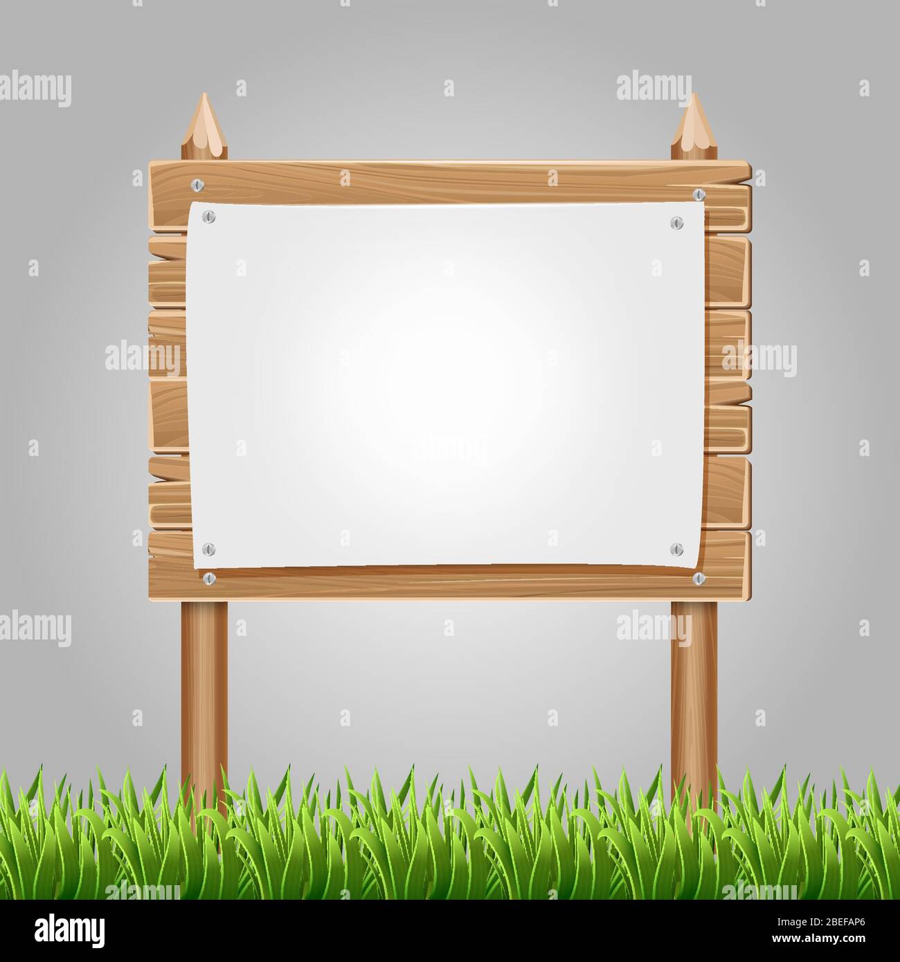 Wooden signboard information blank with green grass and paper sheet ...