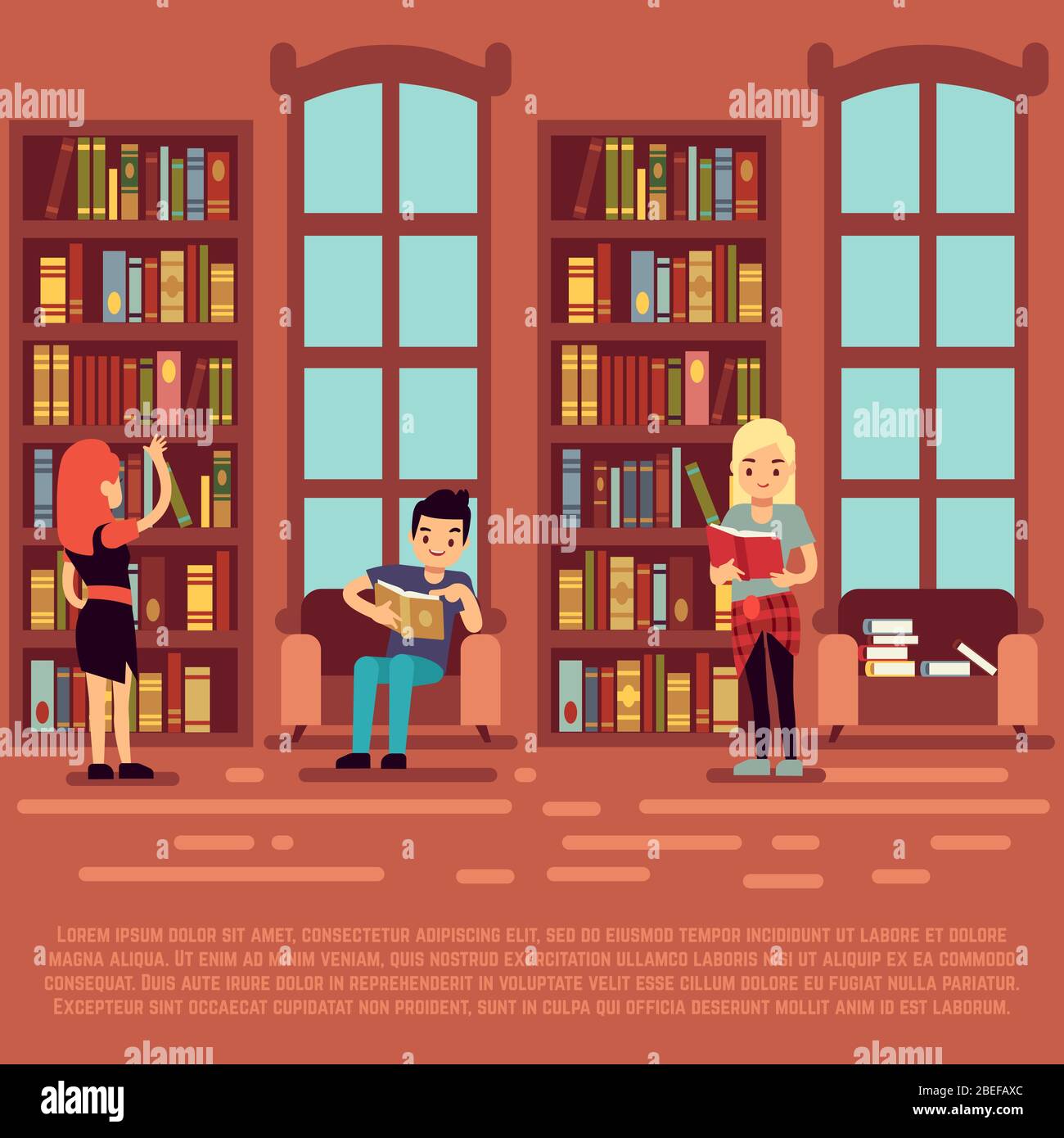 Library interior concept - teenagers and students rading books in library. Education students, bookshelf in university, vector illustration Stock Vector