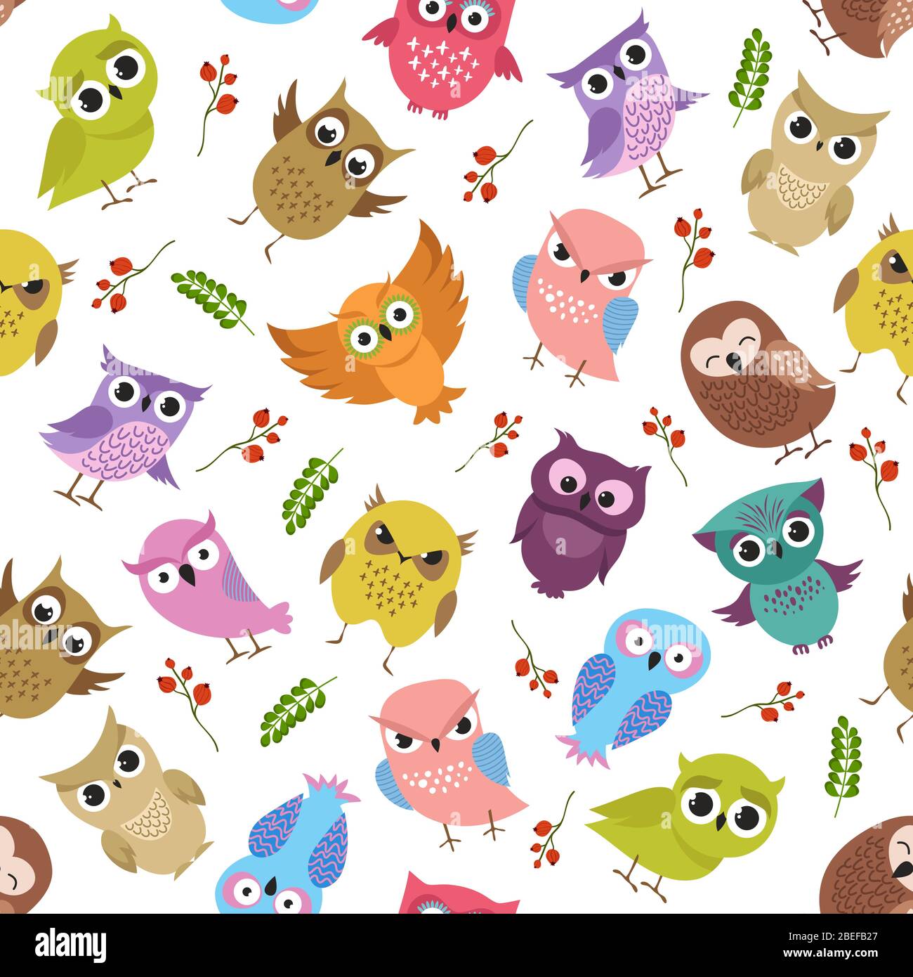 Cute owls vector seamless pattern. Color forest bird animal illustration Stock Vector