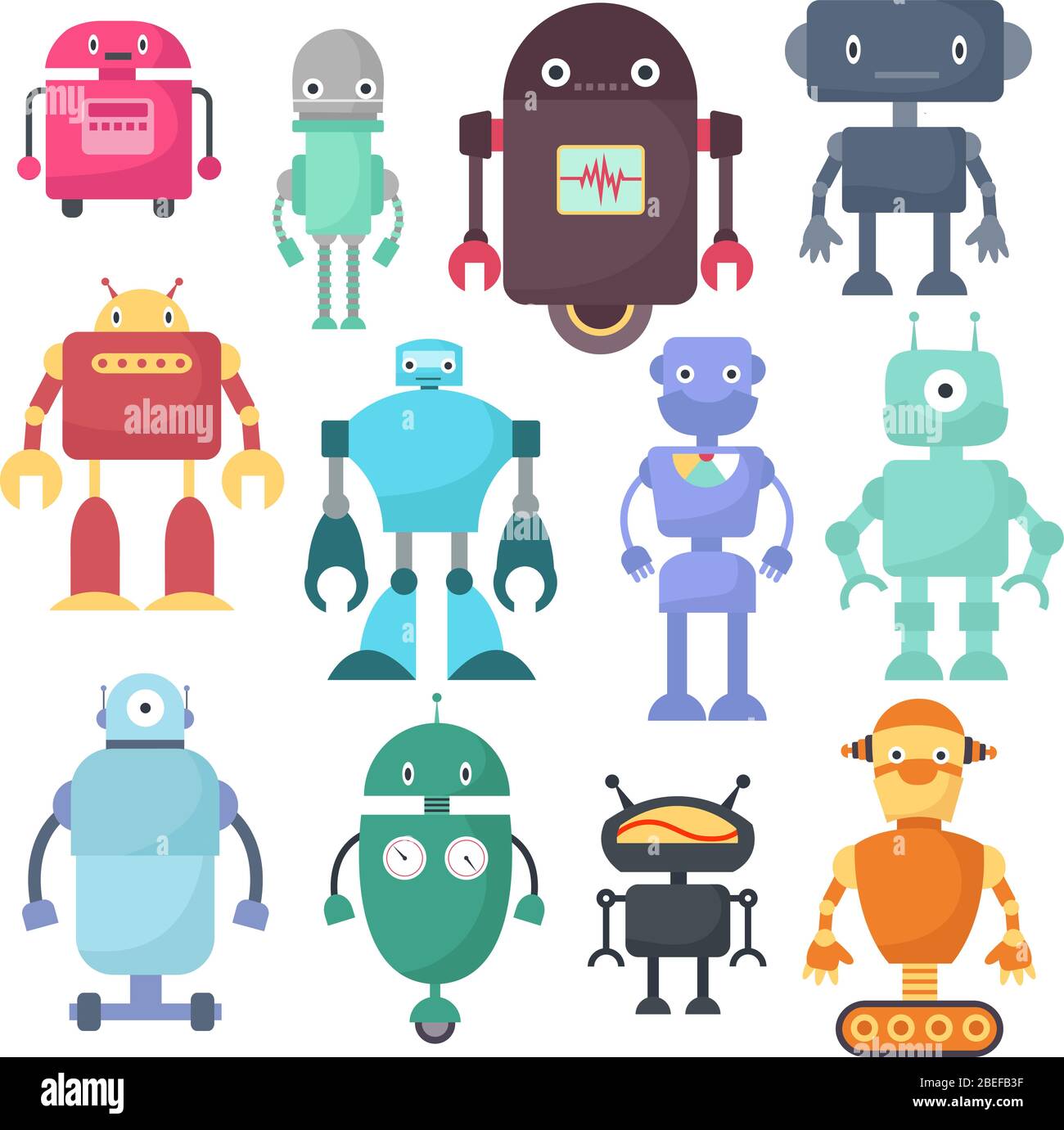 Cute robots, cyborg machine vector science characters. Cyborg and robot character friendly, robotic mascot illustration Stock Vector