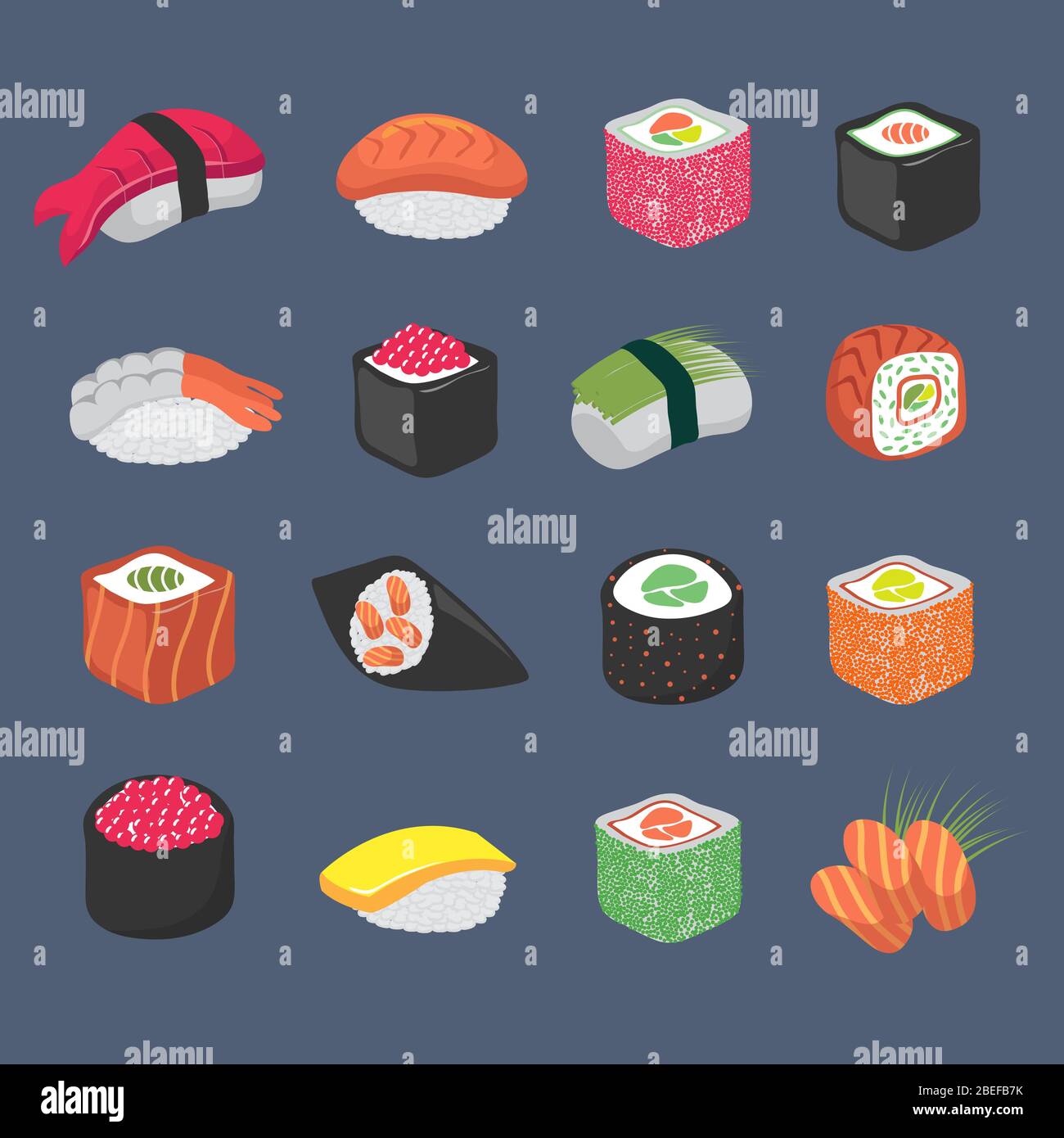 Cartoon sushi rolls japanese cuisine seafood vector set. Sushi food, roll with salmon and seaweed illustration Stock Vector