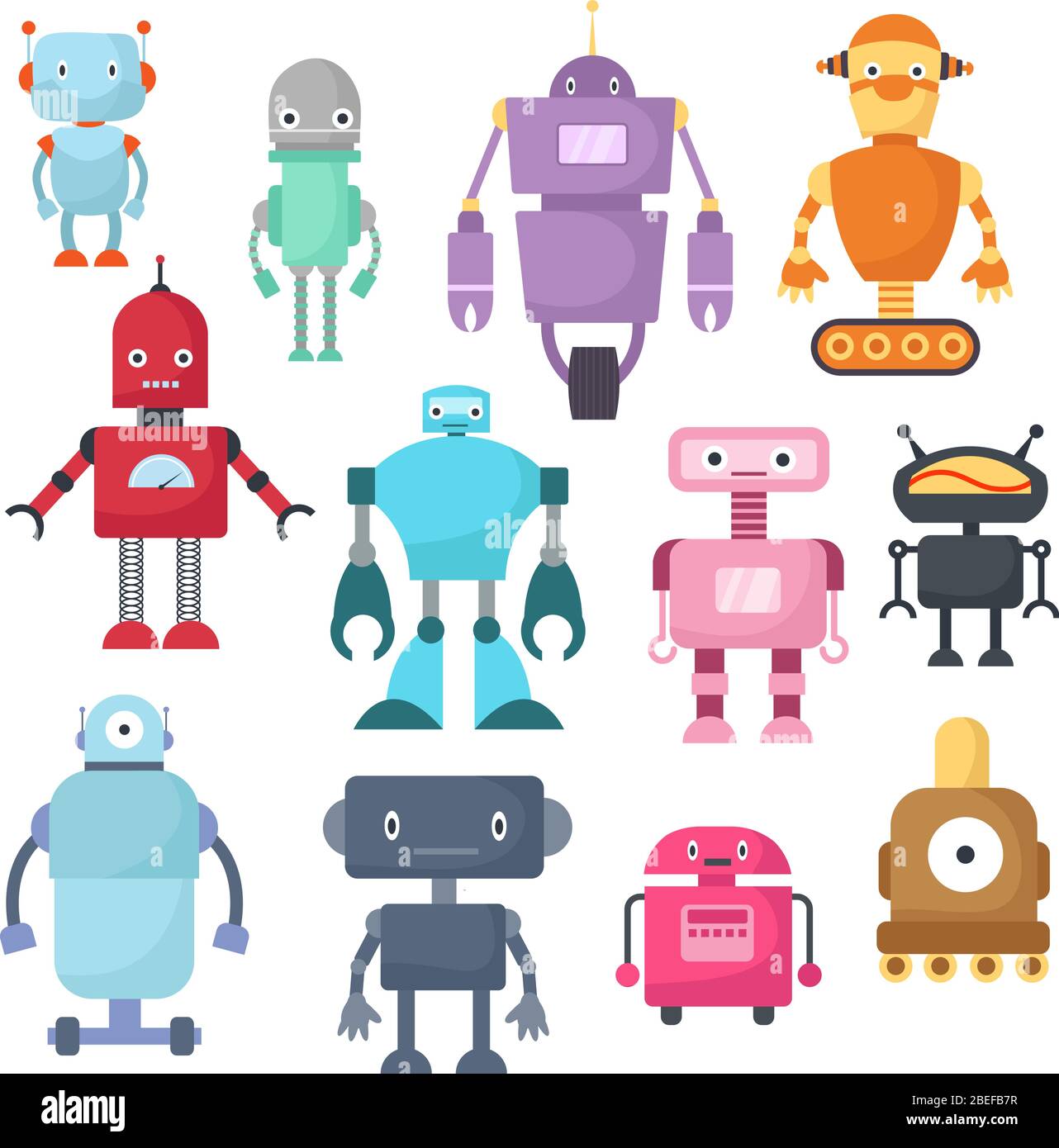 Cute cartoon robots, android and spaceman cyborg isolated vector set. Robot characters illustration Stock Vector