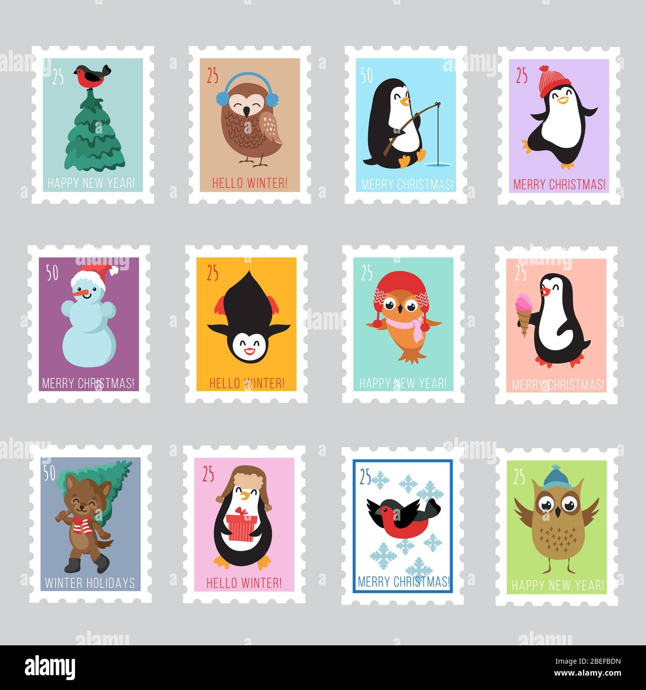Christmas santa postage stamps for greeting card. Vector set of christmas stamp with penguin and owl illustration Stock Vector