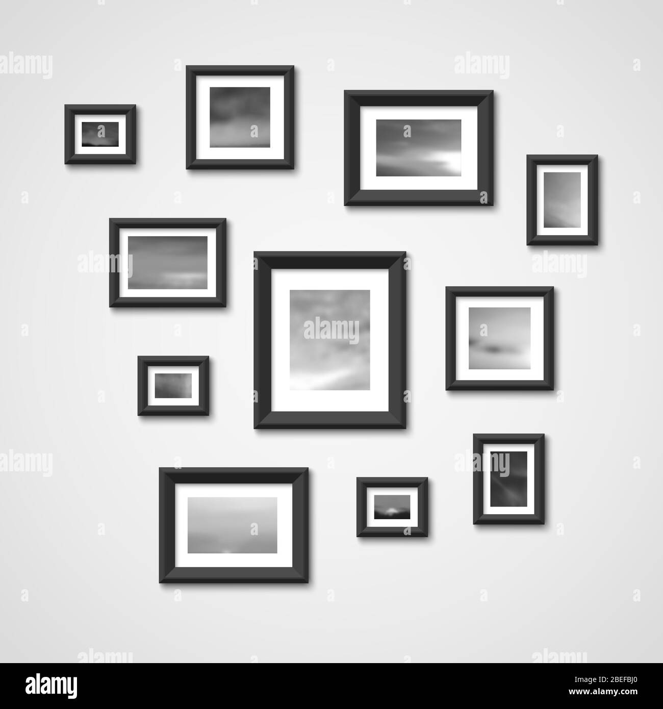 Picture frames with nature photos on wall. Interior design vector illustration. Photo picture gallery for interior Stock Vector
