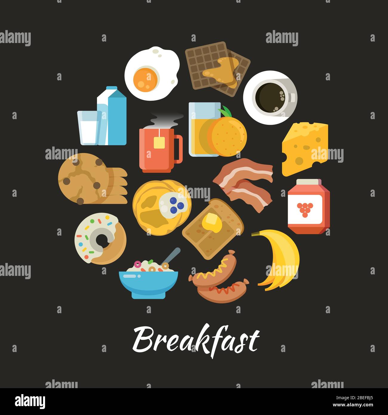 Breakfast vector concept. Fresh and healthy food flat iconce in circle design. Breakfast food fruit and egg, drink orange and coffee illustration Stock Vector