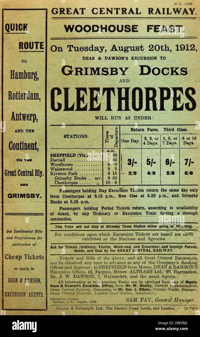 Handbill from the Great Central Railway for a rail excursion from Sheffield to Grimsby Docks and Cleethorpes on 20 August 1912. Stock Photo