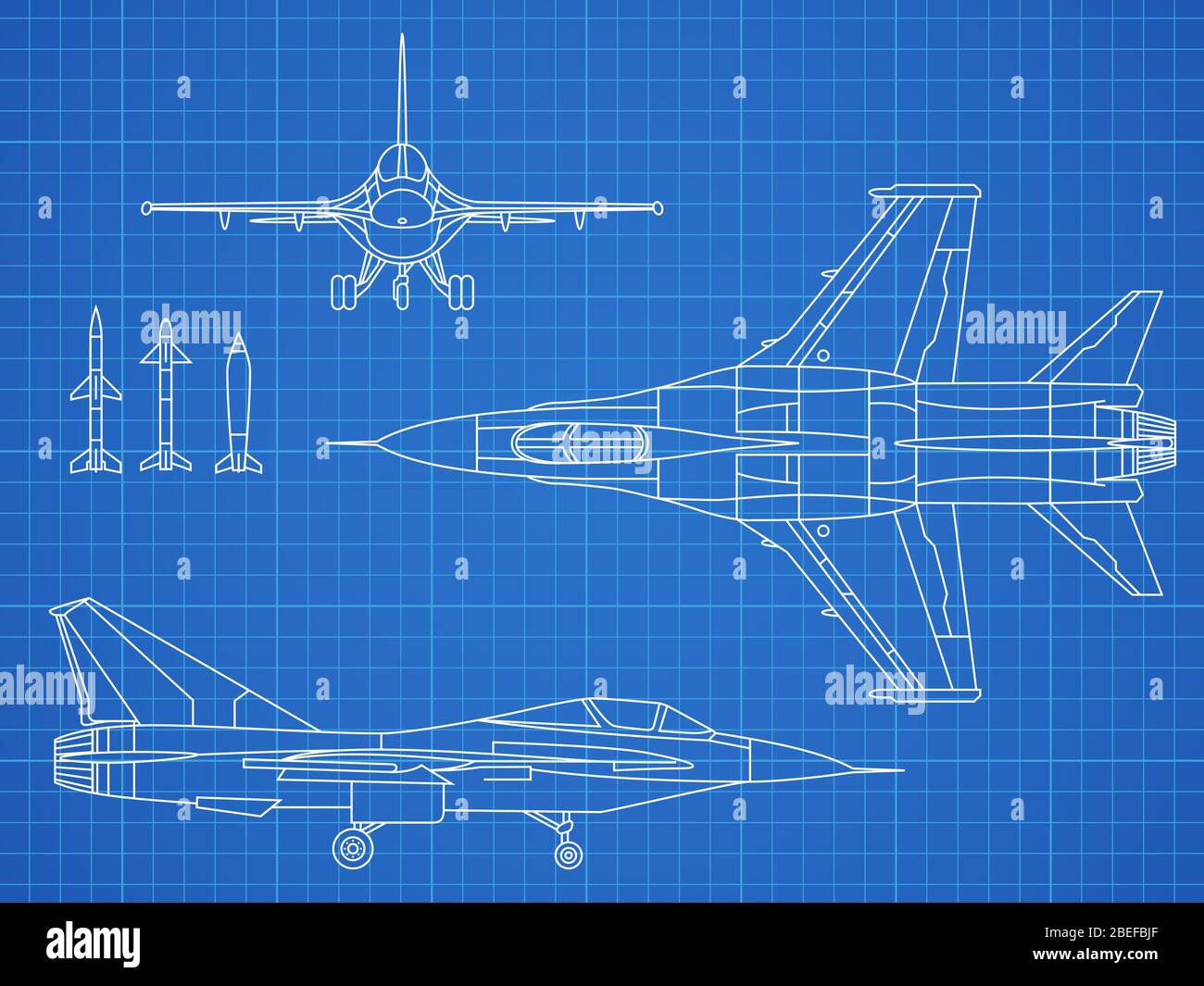 Military jet aircraft drawing vector blueprint design. Aircraft military plan blueprint illustration Stock Vector