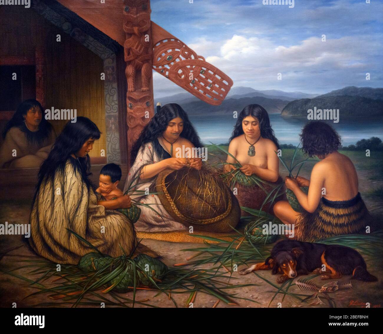 Maoris Plaiting Flax Baskets by Gottfried Lindauer (1839-1926), oil on canvas, 1903 Stock Photo