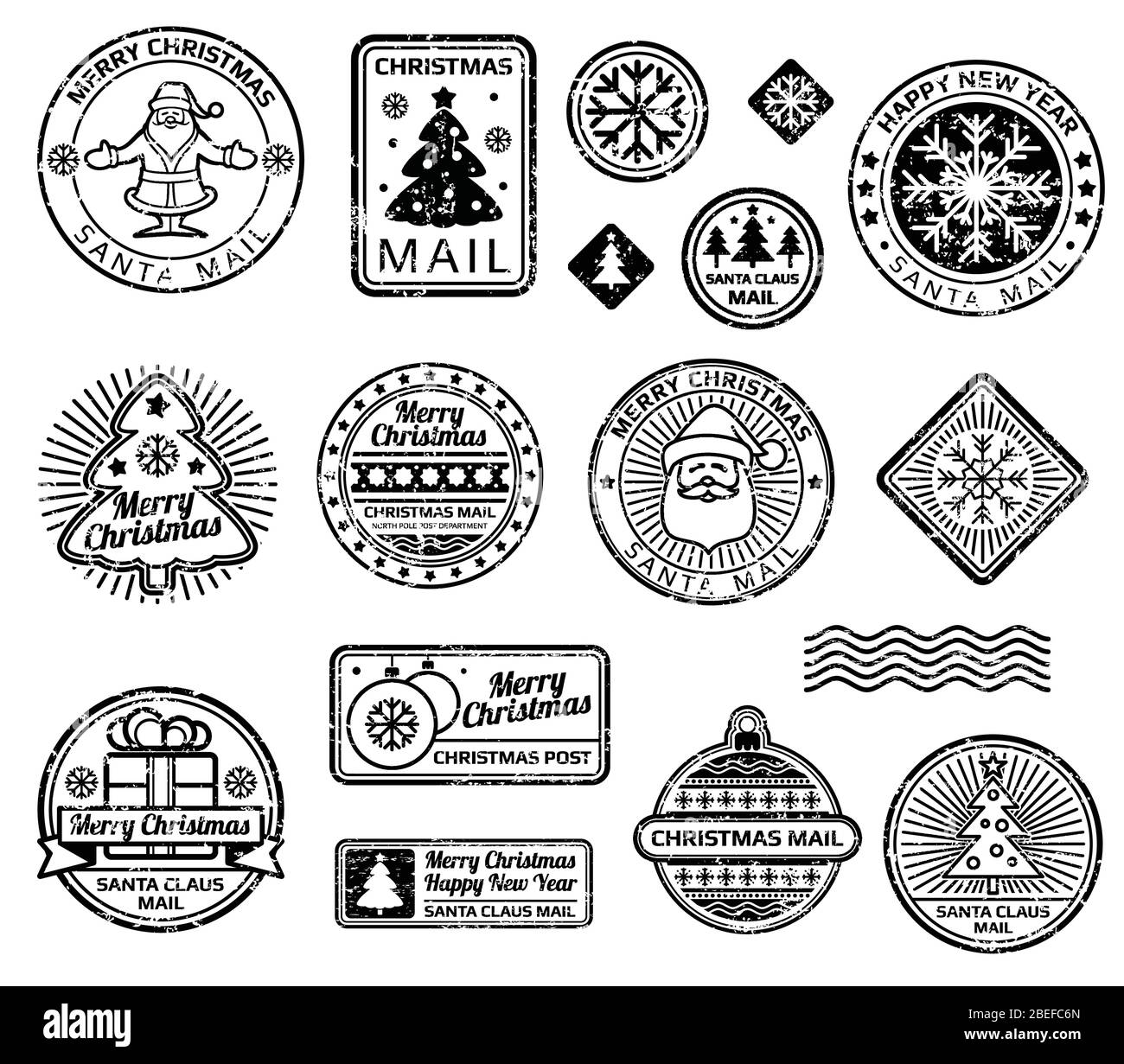 Vintage christmas postage stamps vector set. Christmas black stamp, xmas and new year illustration Stock Vector