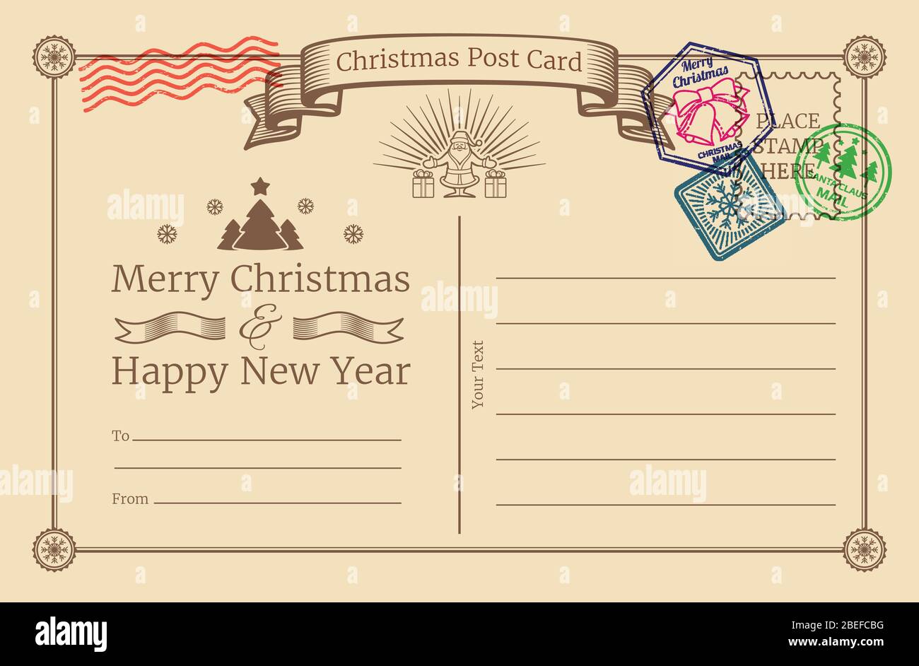 Vector old christmas holiday postcard with santa stamps. Christmas and new year postcard blank illustration Stock Vector