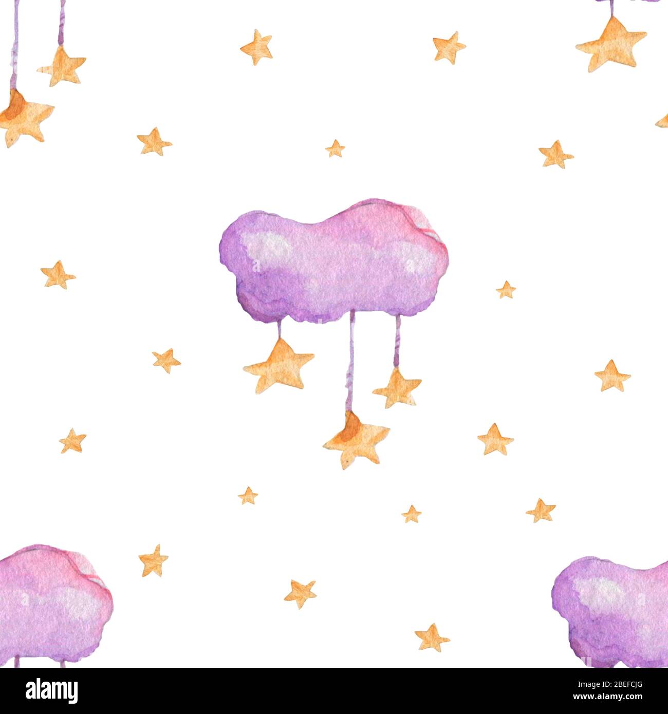 Children seamless pattern with pink clouds and stars in sky on white ...
