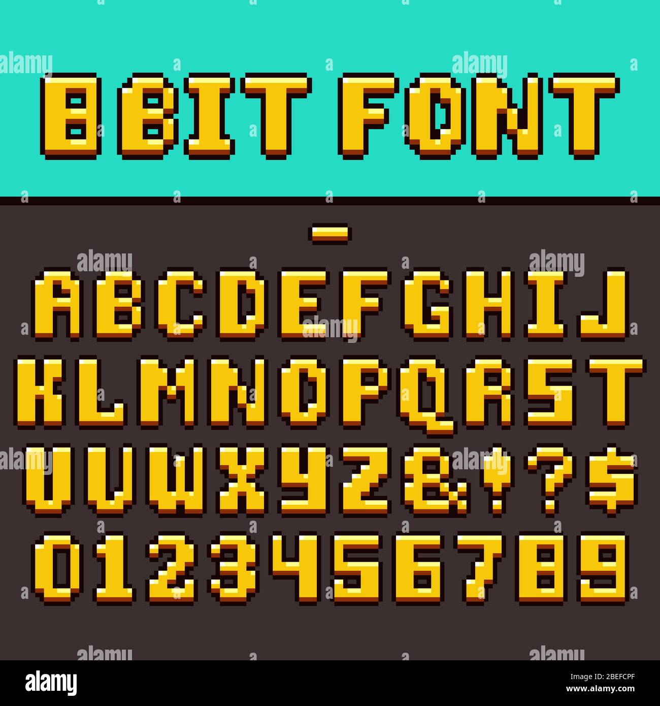 Pixel video game fun alphabet and numbers. 8-bit pixel oldschool gaming vector font. Illustration of pixel game alphabet and digital abc for video game Stock Vector