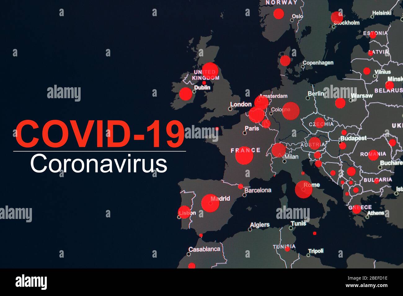 The coronavirus pandemic with the word COVID-19 on the global map of