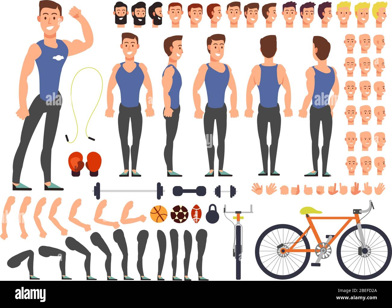 Cartoon man athlete vector character constructor with set of body parts and sports equipment. Character man with sport, equipment illustration Stock Vector