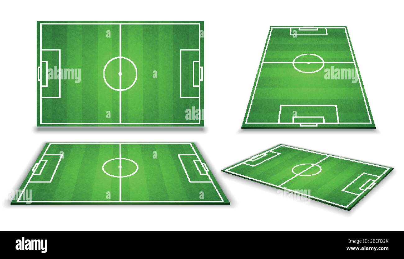 Soccer, european football field in different point of perspective view. Isolated vector illustration. Soccer green field for game Stock Vector