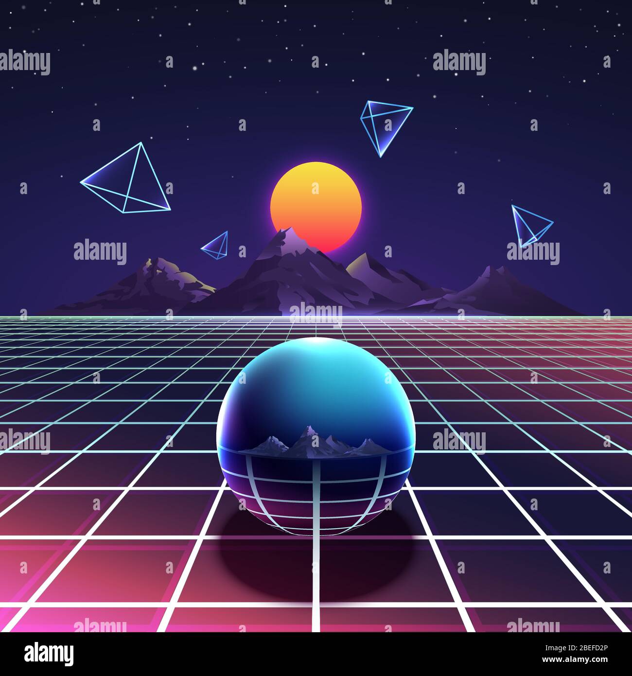 Retro vibrant futuristic synth night vector poster in nostalgia 80s style with mountains, abstract pyramids and metal sphere. Cyberspace digital and illumination grid glowing surface illustration Stock Vector
