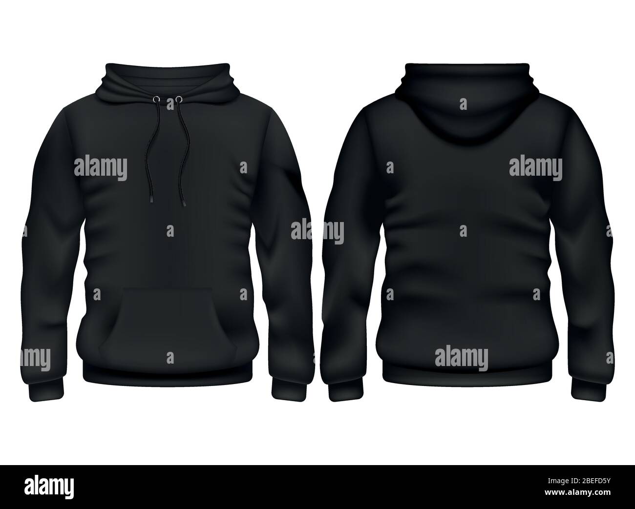 Front and back black hoodie vector template. Sweatshirt fashion with hoodie for sport and urban style illustration Stock Vector