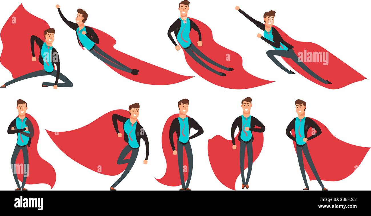Cartoon businessman superhero in actions and different poses vector set. Superhero in red cape, strength and power man illustration Stock Vector