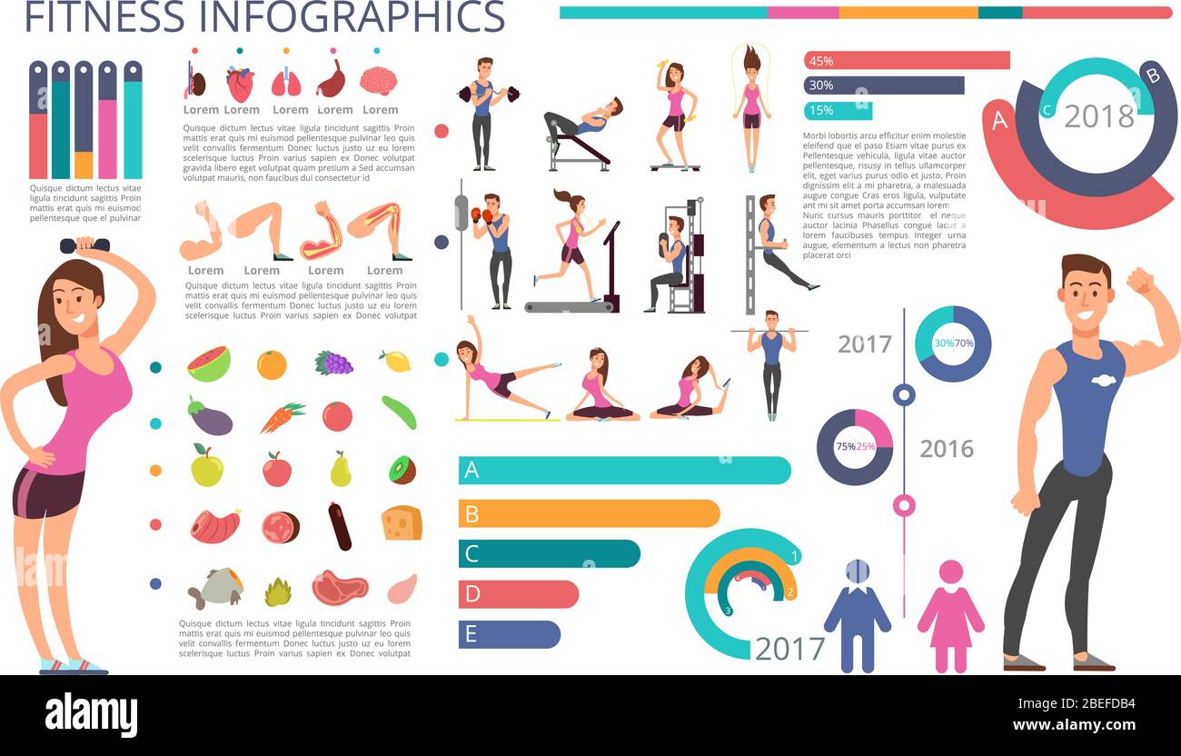 Physical activity, fitness and healthy lifestyle vector infographic. Sport healthy fitness infographic, exercise activity and training gym illustration Stock Vector