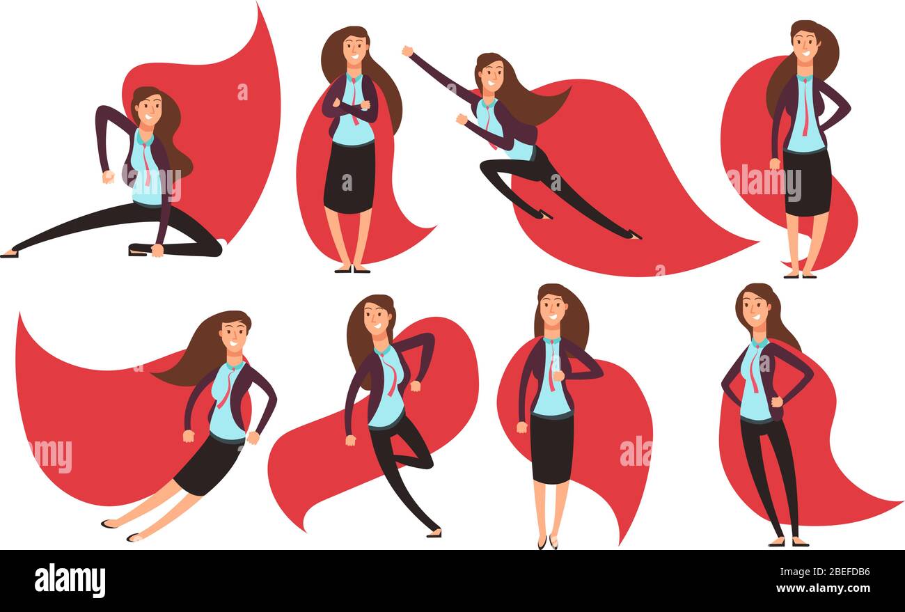 Cartoon businesswoman superhero in red cloak. Different actions and poses superheros character set. Super person lady vector illustration Stock Vector