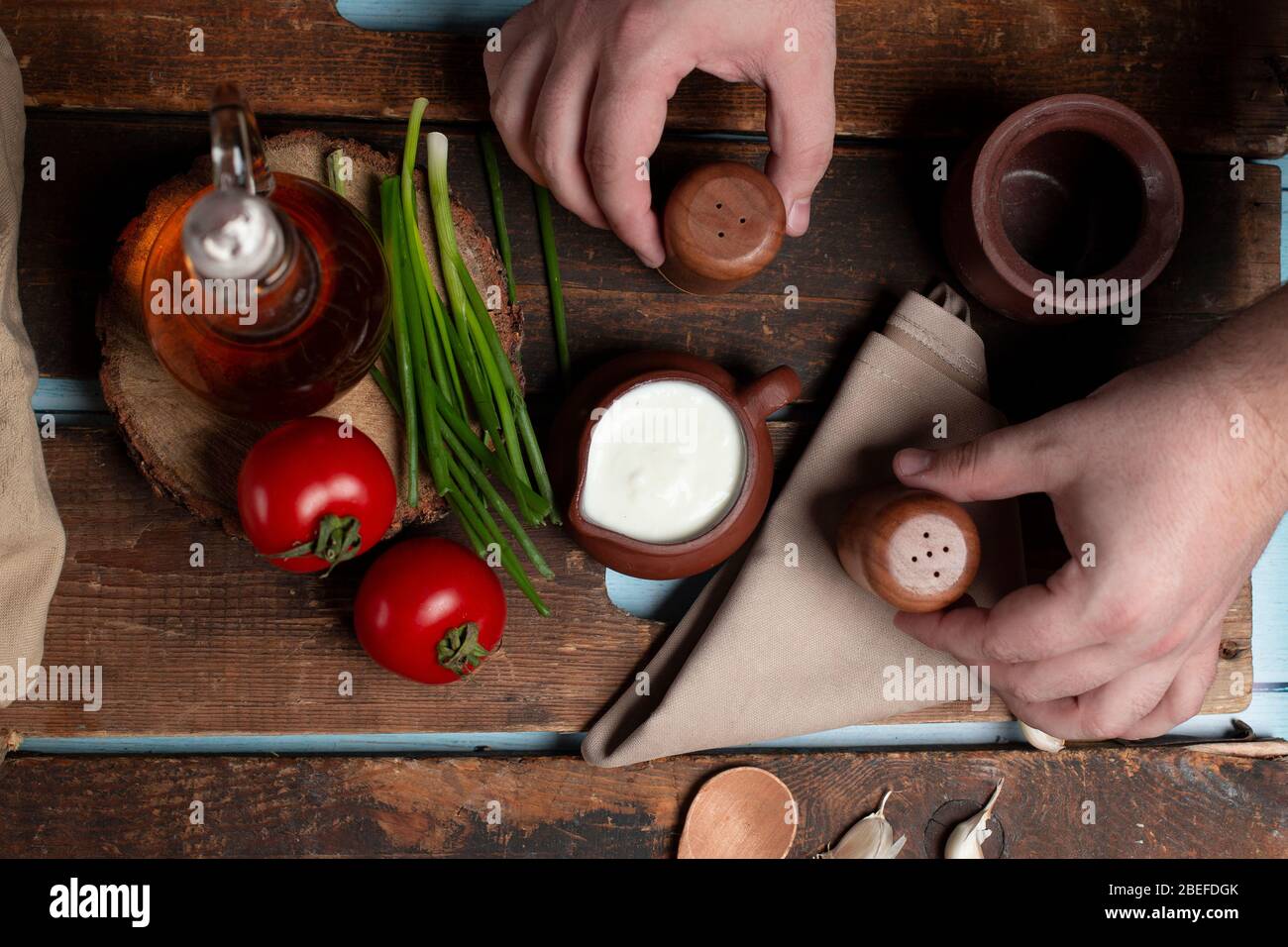 tomato, yogurt and vinegar on the table Stock Photo Alamy