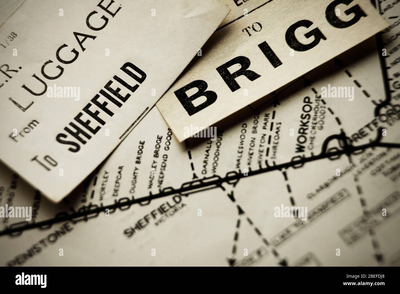 Vintage luggage labels and route map for the LNER in the Sheffield and Worksop area. Stock Photo