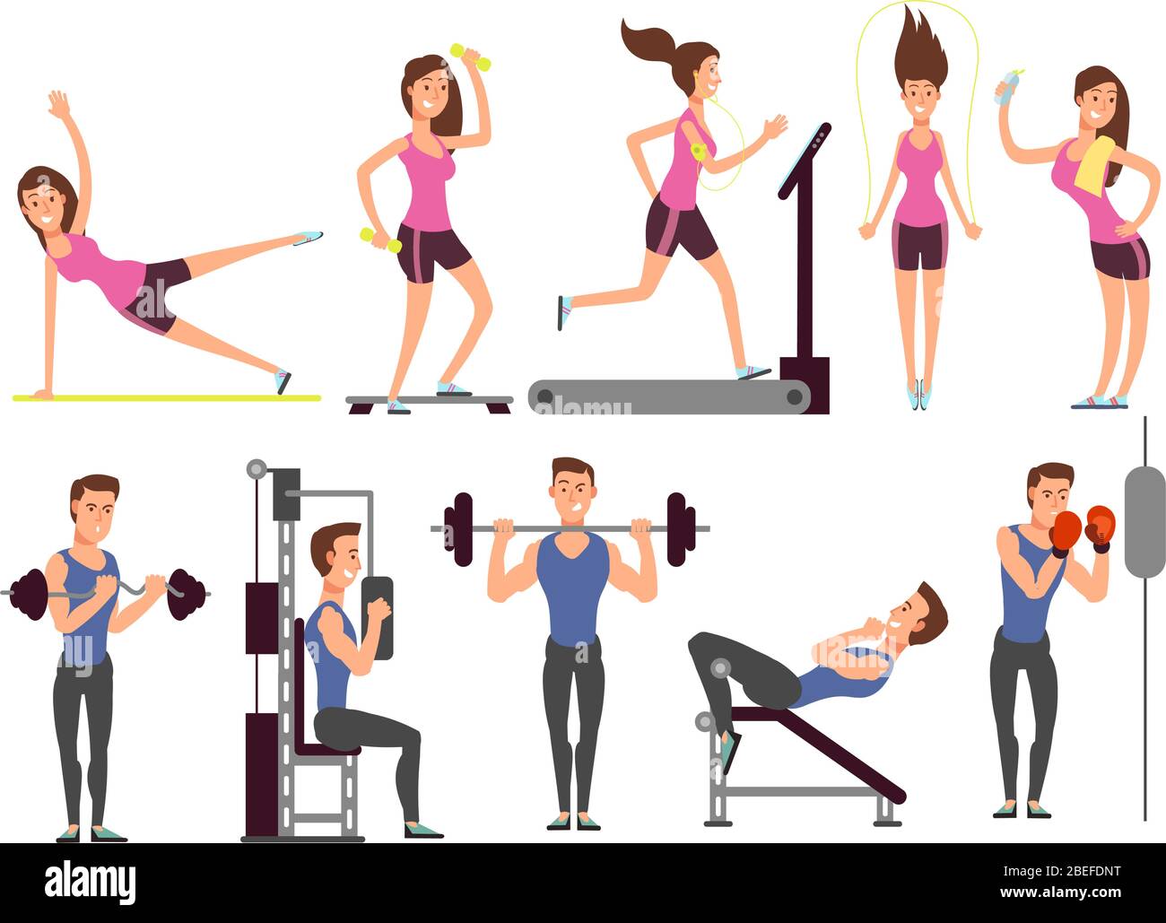 Gym exercises, body pump workout vector set with cartoon sport man and  woman characters. Fitness people in gym, sport and fitness exercise  illustration Stock Vector Image & Art - Alamy
