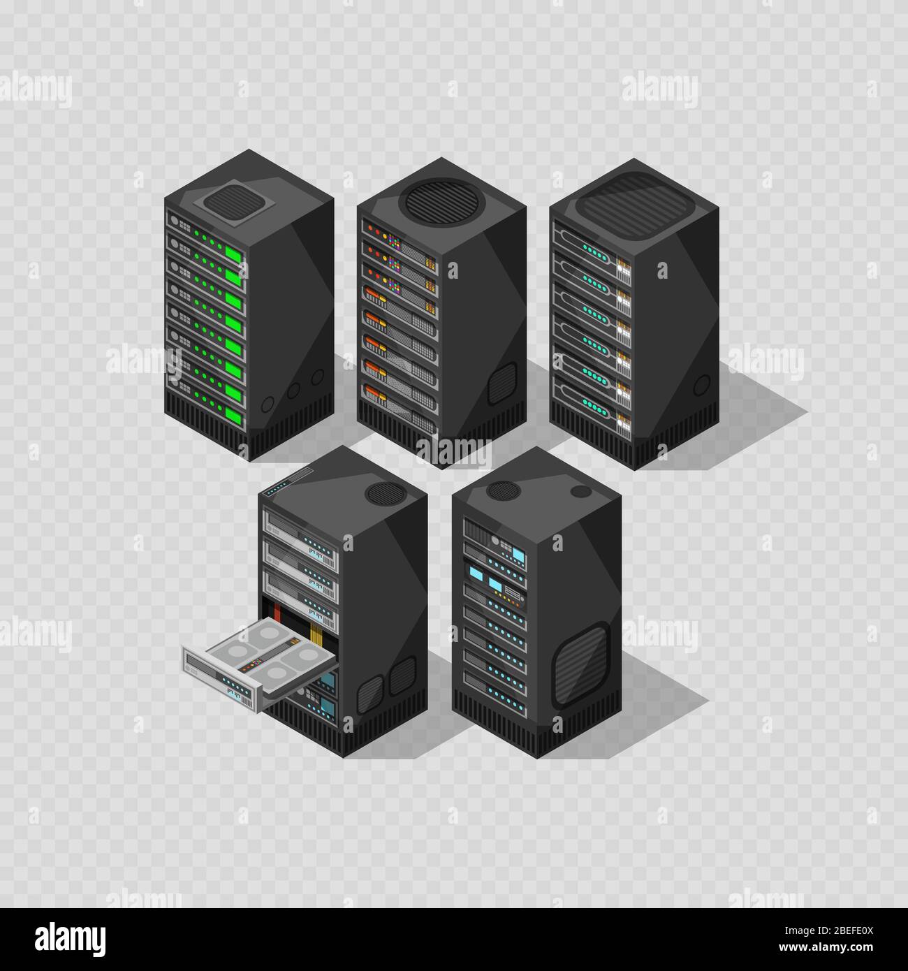Hardware isometric equipment. 3d telecommunication server isolated on transparent background. Vector illustration Stock Vector