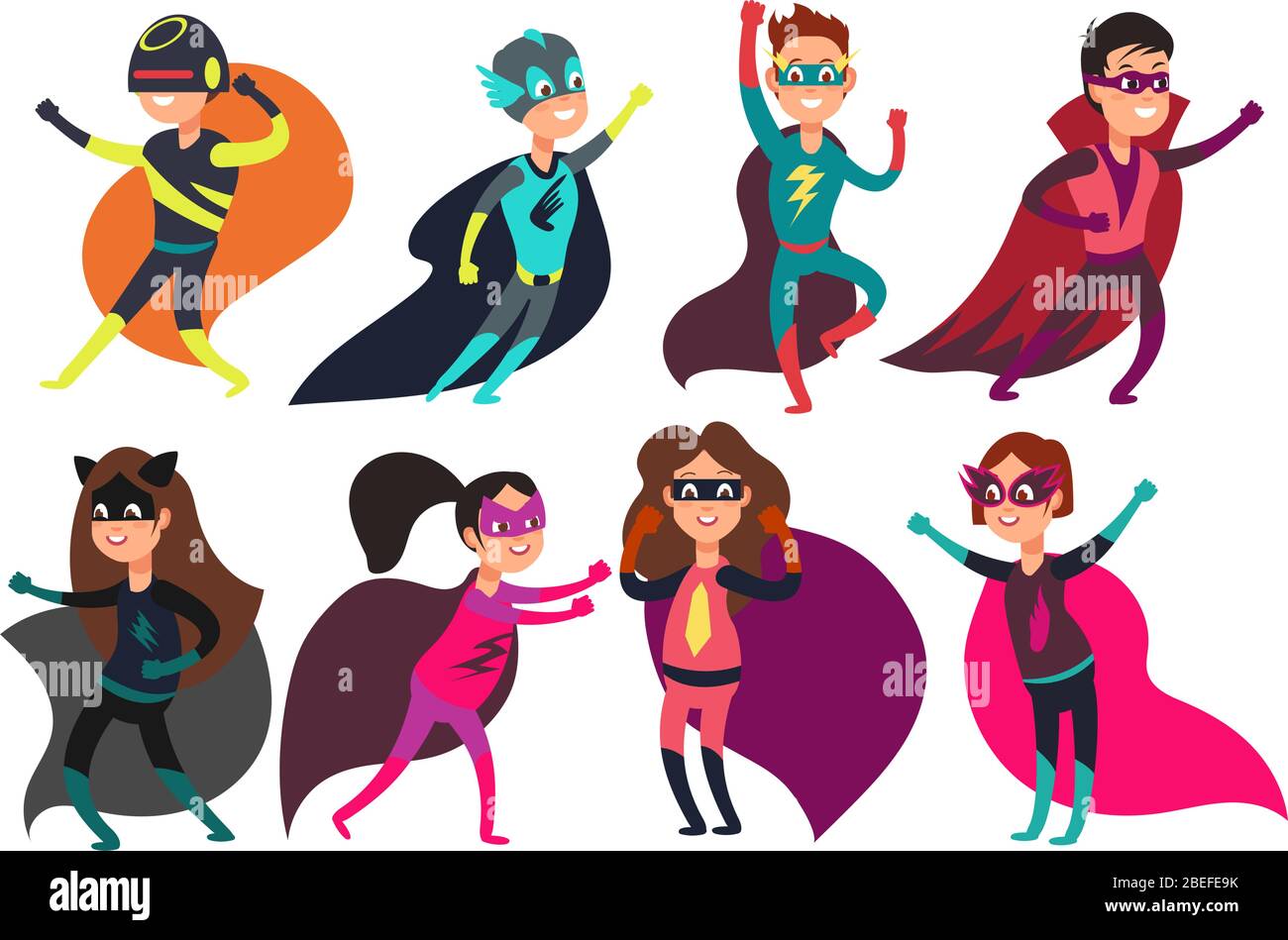 Preschool boys and girls superheroes. Super kid cartoon characters in party costumes. Vector superhero comic costume girl and boy illustration Stock Vector