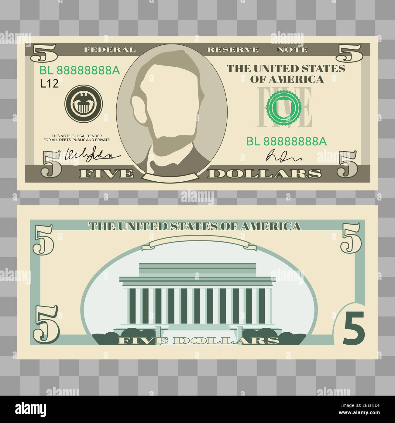Dollar banknotes, us currency money bills - 5 dollar isolated on transparent background. Vector illustration Stock Vector