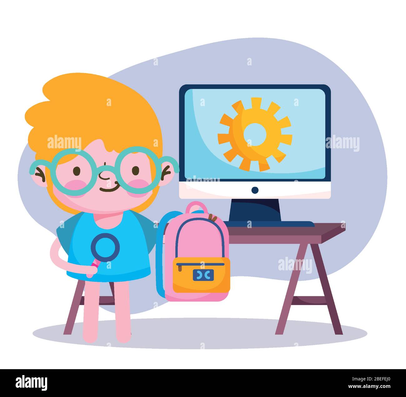 education online, student boy with backpack and computer in desk vector ...