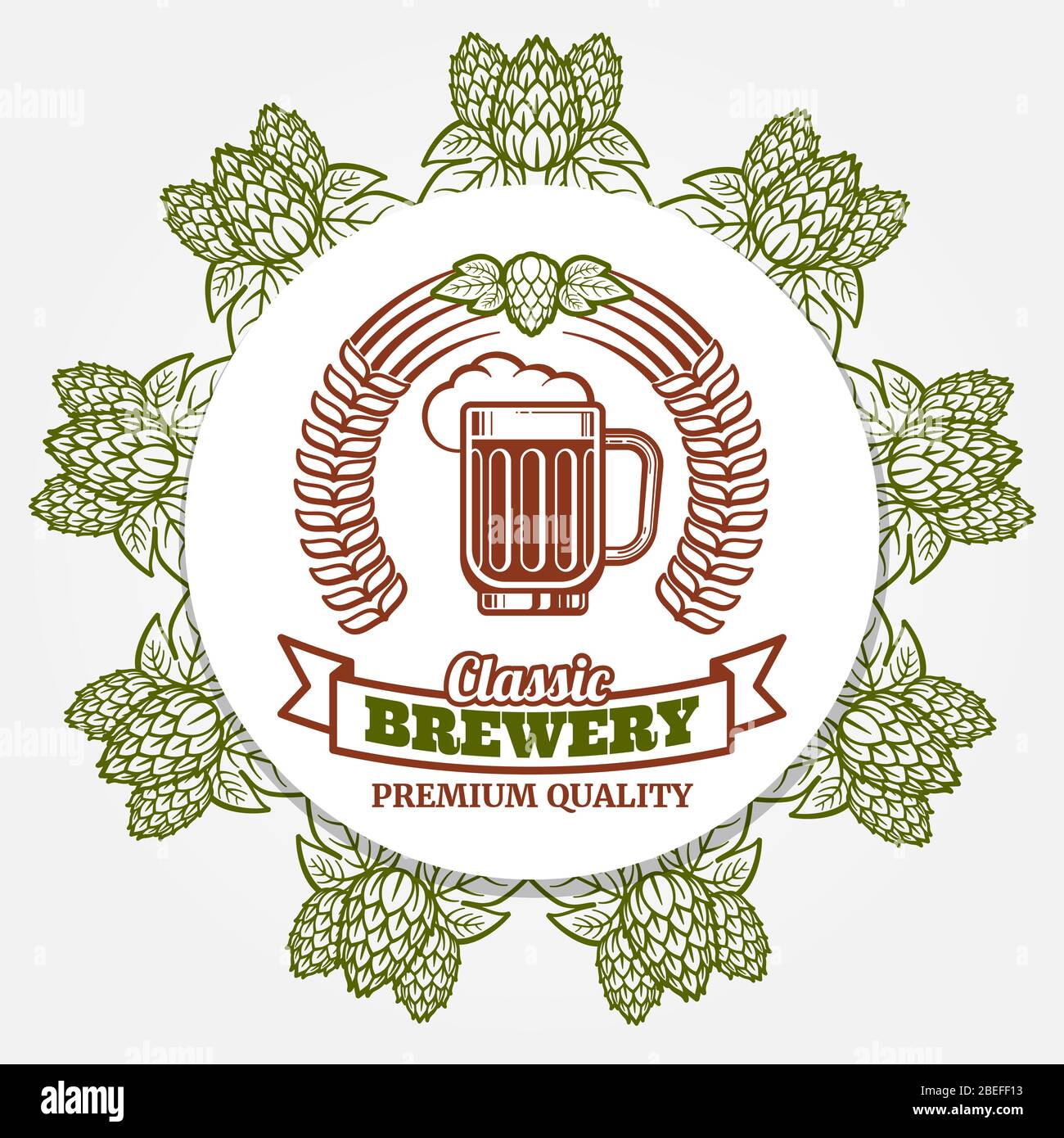 Round beer banner with hops and beer label. Vector illustration Stock Vector