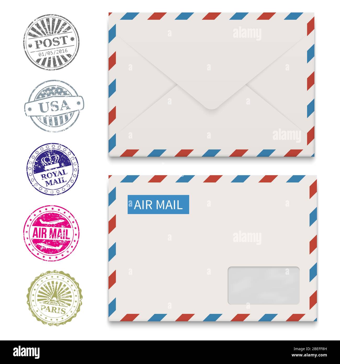 Envelopes and grunge post stamps isolated on white. Vector post stamp