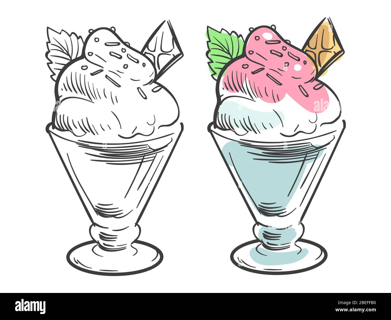 Black and coloring ice cream sketch isolated on white background. Vector illustration Stock Vector