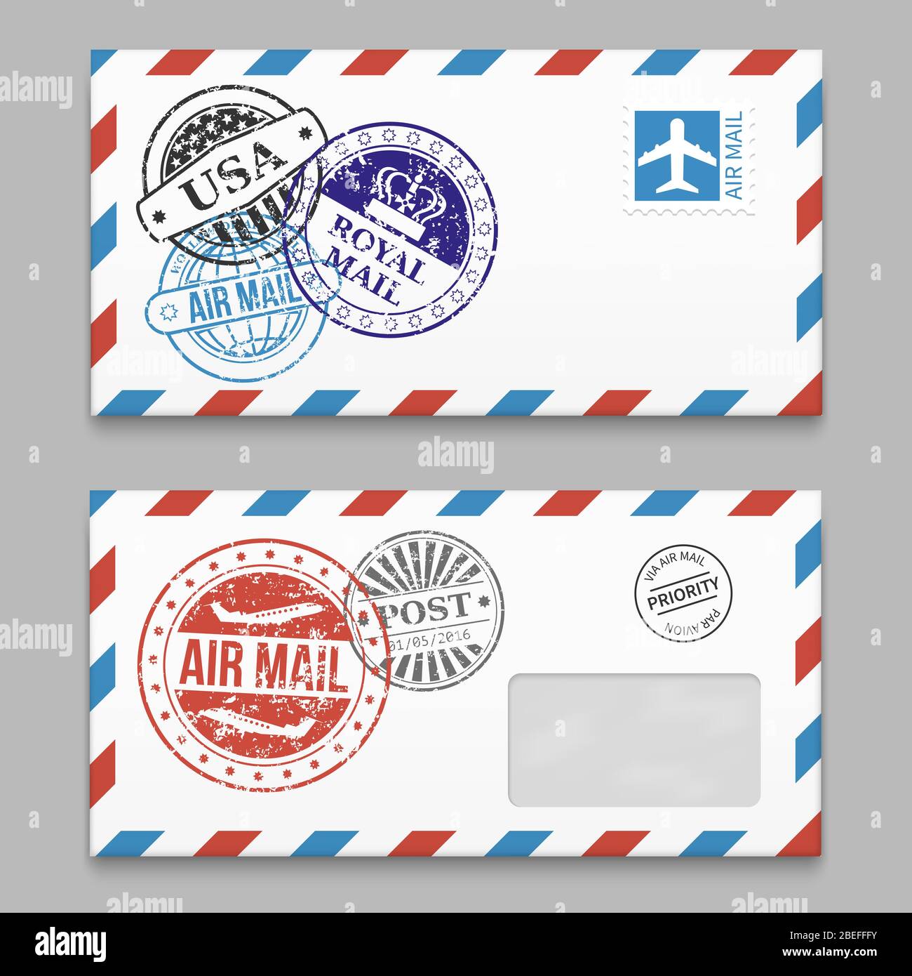Set of letters design - envelopes with grunge style poststamps. Vector illustration Stock Vector